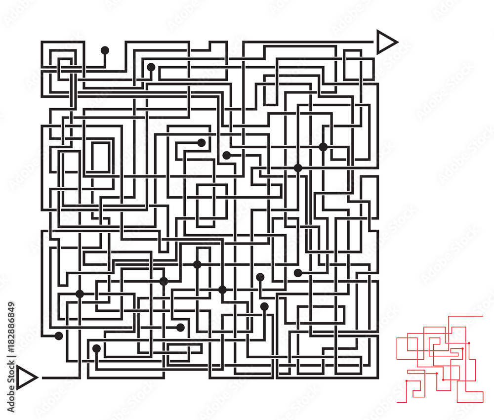 Intricate maze game, labyrinth with overlapping lines. Solution included.
