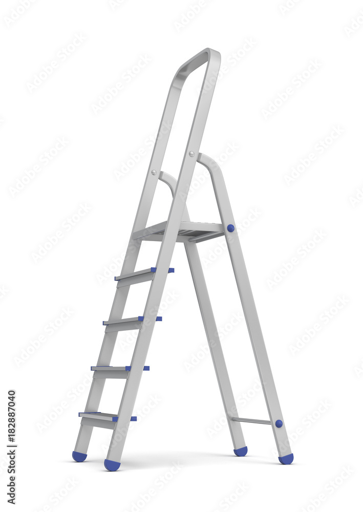 3d rendering of a single metal builder's step ladder with blue fittings isolated on white background. 3d rendering of a single metal builder's step ladder with blue fittings isolated on white background.