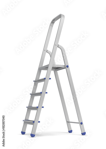 3d rendering of a single metal builder's step ladder with blue fittings isolated on white background.