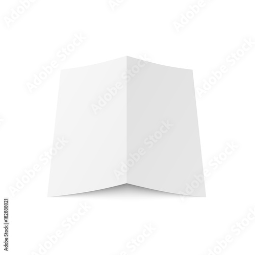 Vector blank white twofold booklet opened on white background. Back side. Two folded paper sheet in A4. Mock up of empty cover or flyer isolated. 3D illustration