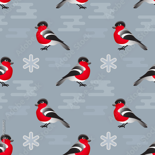 Vector  winter seamless pattern. Include bullfinch and snowflake