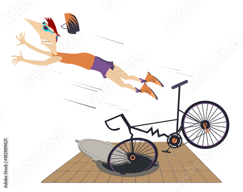 Cyclist falling down from the bicycle isolated. Cyclist man gets into a sewer manhole and falls down from the bicycle
