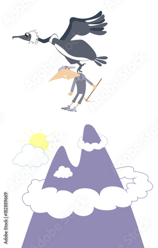 Climber and bird of prey in the mountain. Flying eagle or vulture holds a climber in the legs
