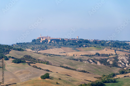 Beautiful autumn landscape of Val d'Orcia on the background Pienza Tuscany, Italy