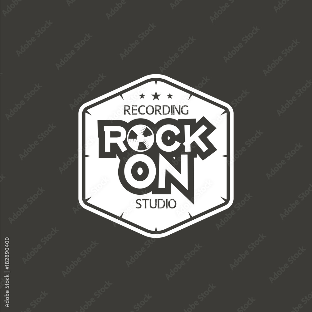 Rock on. Recording studio label, badge, emblem logo with musical instrument. Stock illustration isolated on dark background