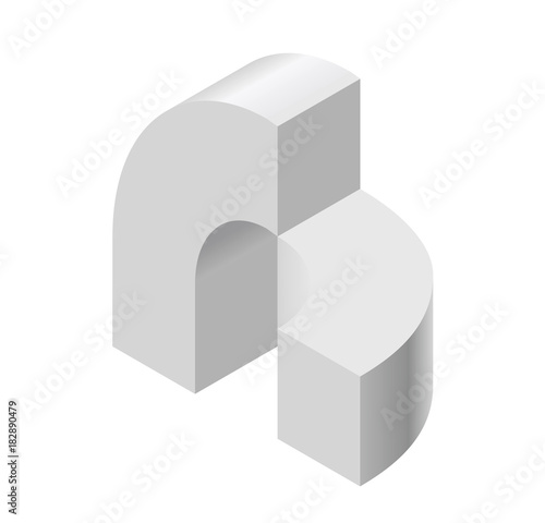 Abstract curved vector shape reminiscent of technological development, nanotechnology outlined component. Isometric brand of scientific institution, research center, laboratories, spatial paradox.