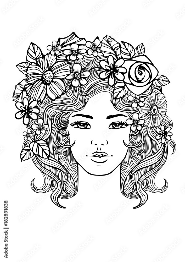 Beautiful woman face and floral pattern. Vector doodle flowers. Black and white Beautiful woman face and floral pattern. Vector doodle flowers. Black and white