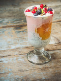 milkshake (smoothies) with berries, mandarin, chocolate and chia seeds (cocktail)