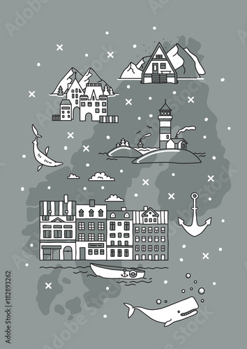 Scandinavia doodle set with symbols, flag and map.