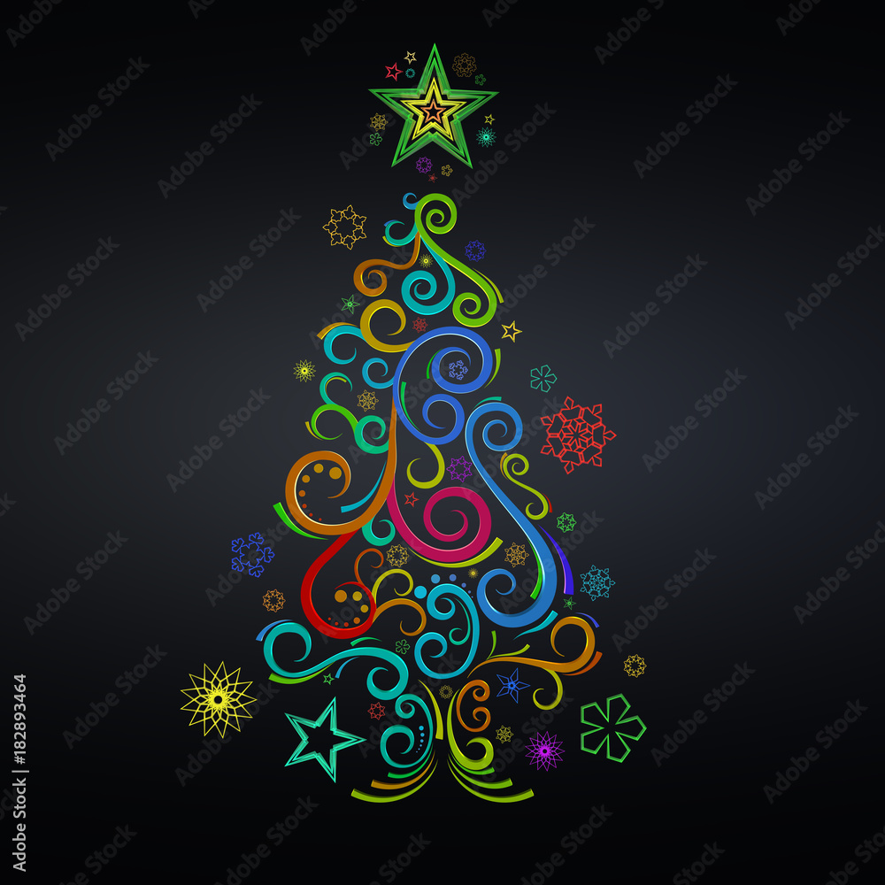 3d stylized christmas tree the curl ornament black background