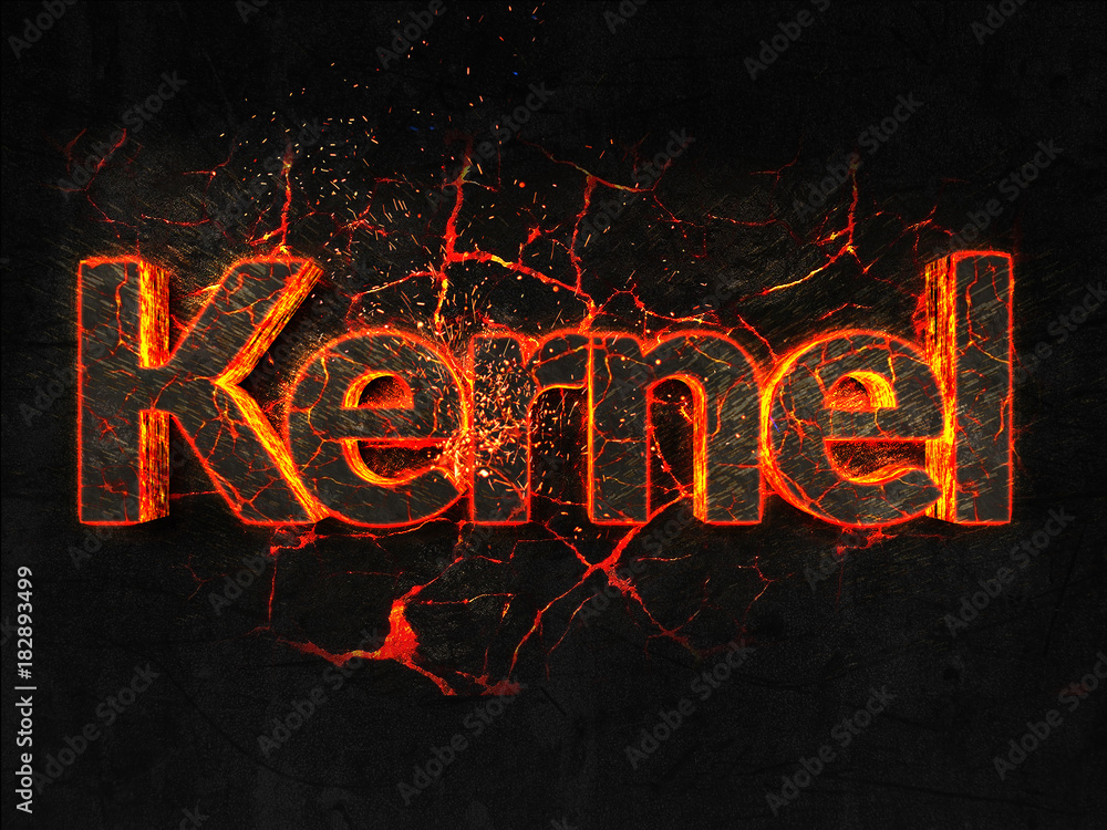 Kernel Fire text flame burning hot lava explosion background.