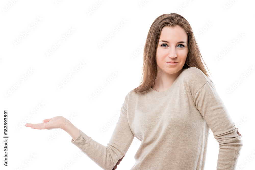 beautiful girl holds a palm on a white background, space on the left beautiful girl holds a palm on a white background, space on the left