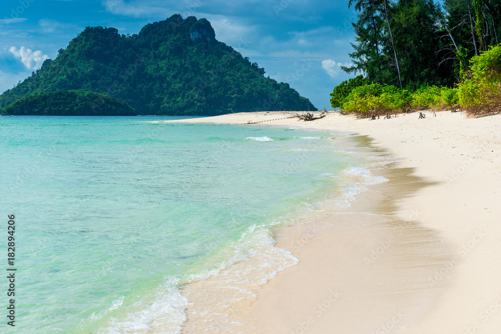 tropical empty beach with white sand and turquoise water, Poda island, Thailand