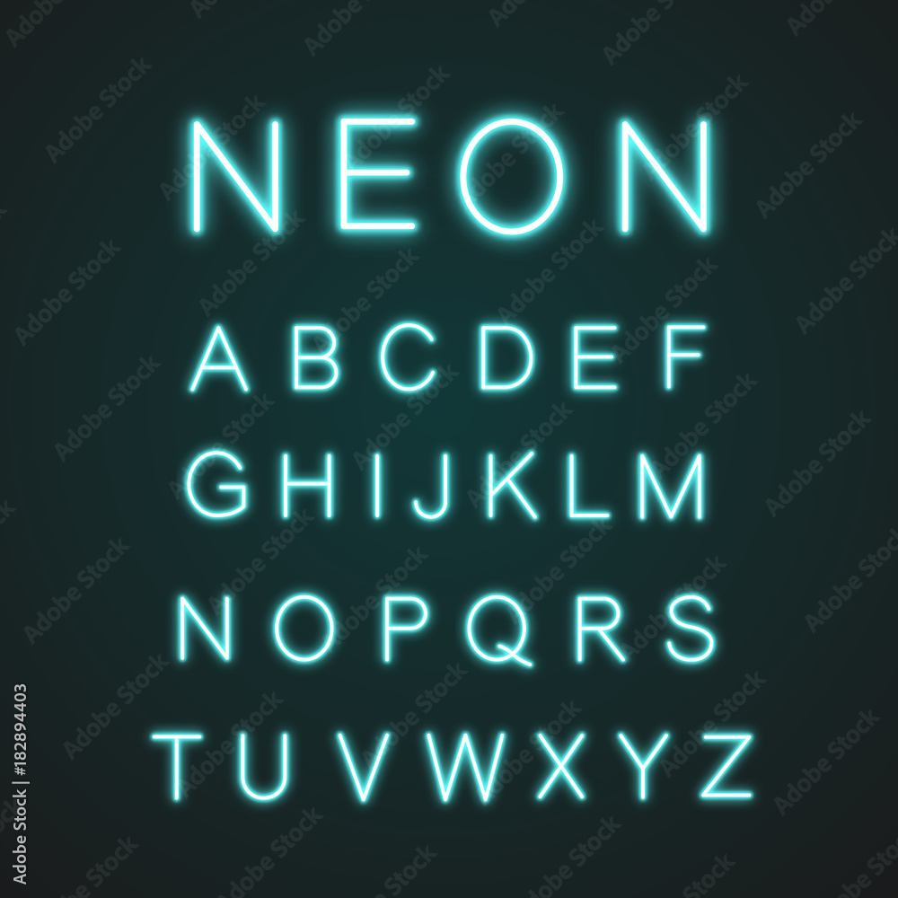 Blue alphabet neon light icons set Blue alphabet neon light icons set