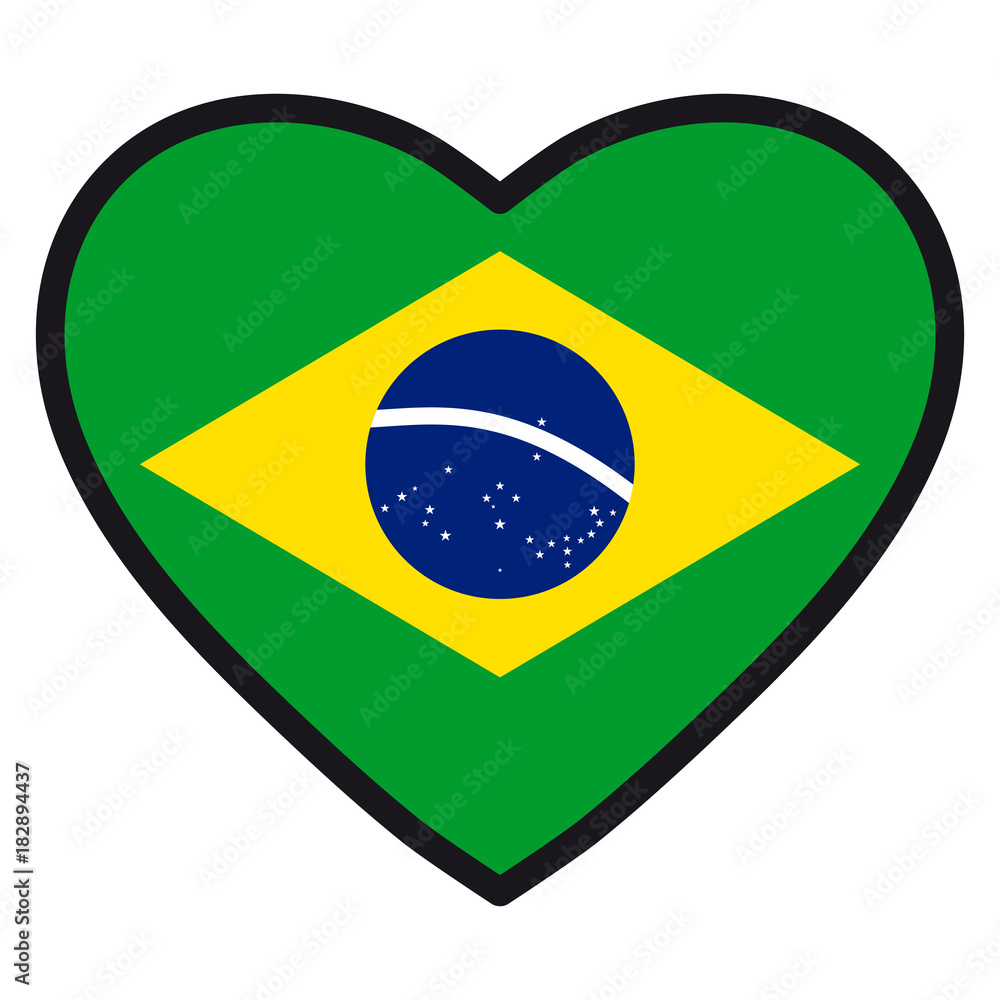 Obraz premium Flag of Brazil in the shape of Heart with contrasting contour, symbol of love for his country, patriotism, icon for Independence Day.