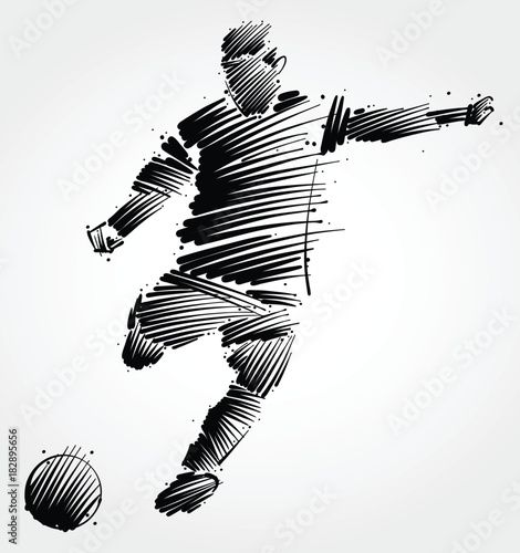 soccer player kicking the ball made of black brushstrokes on light background