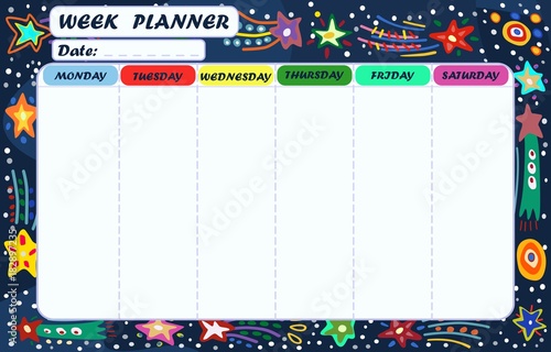 Weekly planner against the background of space stars. Vector illustration.