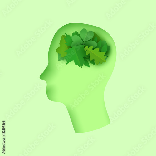 Think green 3d abstrat paper art illustration with man head paper cut green leaves. Ecology and nature concept