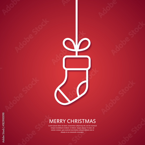 Outline hanging Christmas sock. Minimal Christmas greeting card. Vector illustration.