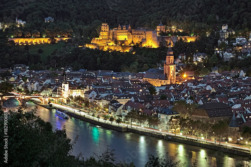 Heidelberg  Germany. Evening view of Old Town with Heidelberg Castle  Church of the Holy Spirit and Old Bridge  Karl Theodor Bridge  over the Neckar River.