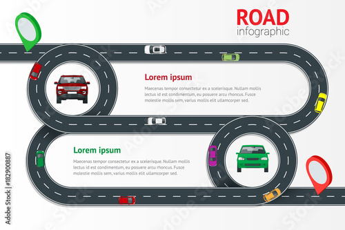 Road infographic template with colorful pin pointer vector illustration. Moving cars on road, top view. Path and travel, information and traffic map of asphalt street in city or town