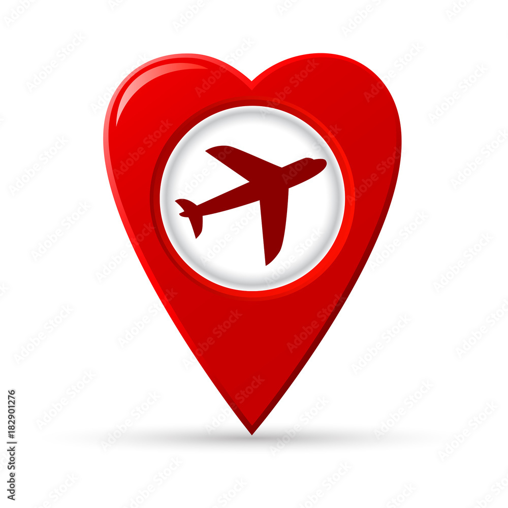 Heart shaped map pointer of airplane vector icon. Heart shaped map pointer of airplane vector icon.