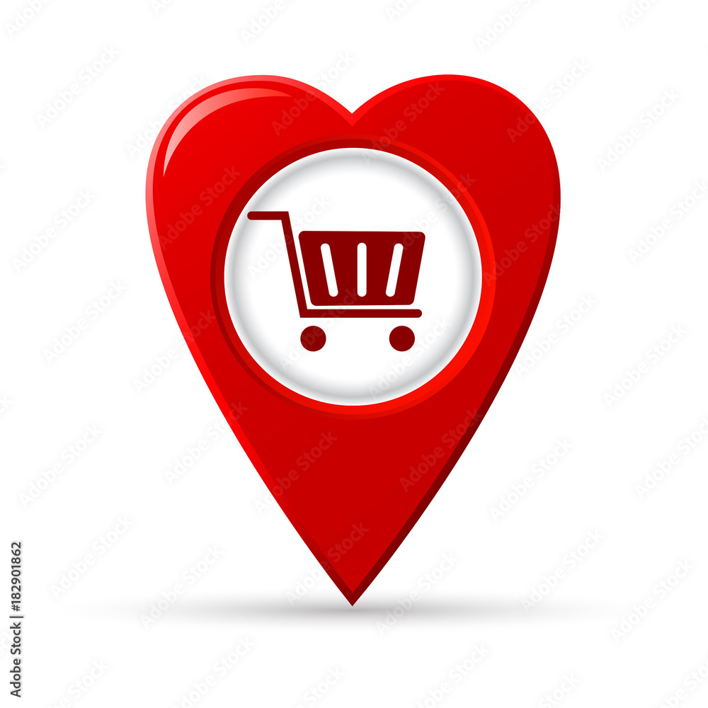 Heart shaped map pointer of shopping center, vector icon. Heart shaped map pointer of shopping center, vector icon.