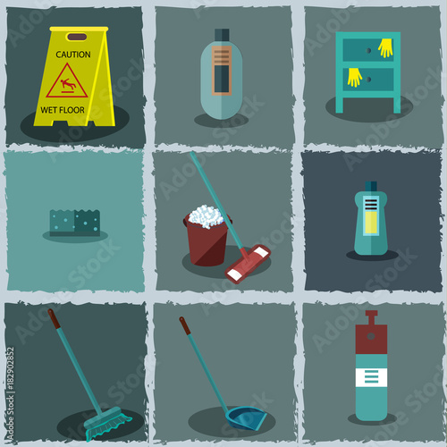 Set of tools for cleaning: a bucket with soapy foam, broom, mop and scoop with blue handles. Bottles of detergent. Sigh "Caution. Wet floor". Bedside table. Yellow gloves. Vector illustration 