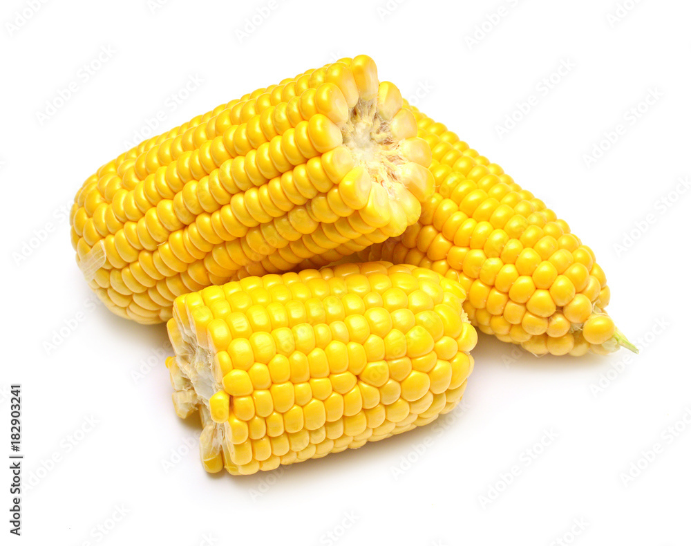 A corn is isolated on white background. Flat lay, top view A corn is isolated on white background. Flat lay, top view