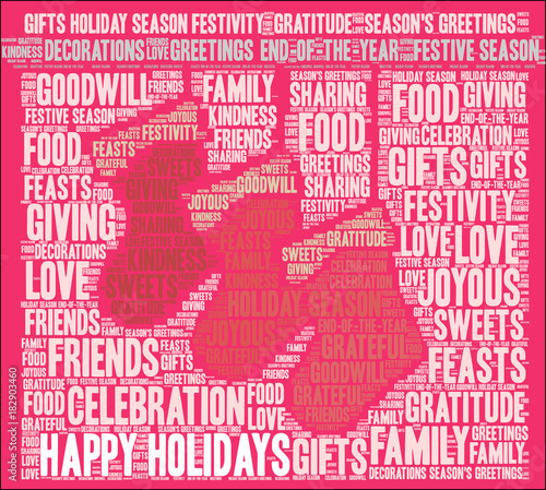 Happy Holidays Word Cloud on a red background. 