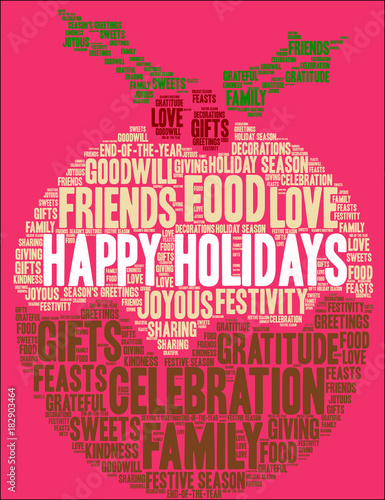Happy Holidays Word Cloud on a red background. 