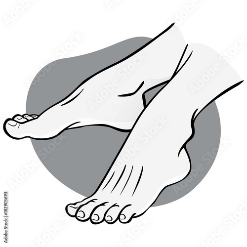 Illustration person, pair of human feet, black and white, side view. Ideal for catalogs, informational and institutional guides