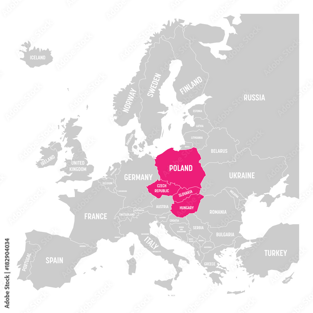 Obraz premium Grupa Wyszehradzka, czyli V4, czterech krajów: Polski, Czech, Słowacji i Węgier wyróżnionych na różowo na mapie politycznej Europy. Ilustracji wektorowych.
