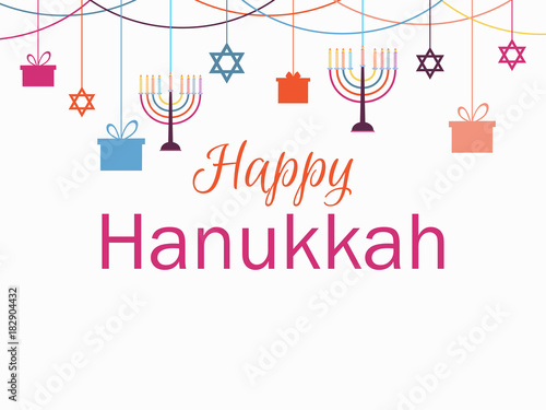 Happy Hanukkah greeting card. Candlestick with nine candles. Garland with hanging gifts. Vector illustration
