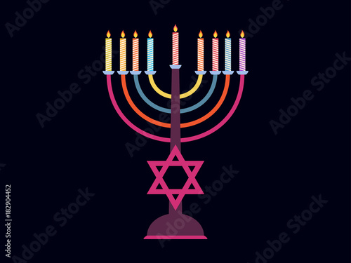Happy Chanukah. Candlestick with nine candles of different colors. Six-pointed star. Vector illustration