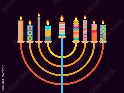 Happy Chanukah. Candlestick with nine candles of different colors. Vector illustration