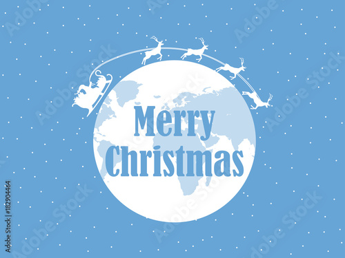 Happy Christmas, Santa Claus is flying in a sleigh with deer around the planet earth. Snow background. Vector illustration