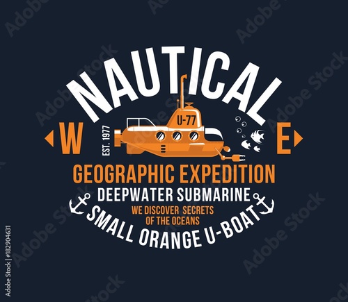 T-shirt typography print nautical yellow submarine theme serigraphy stencil cool vector design classic vintage template illustration