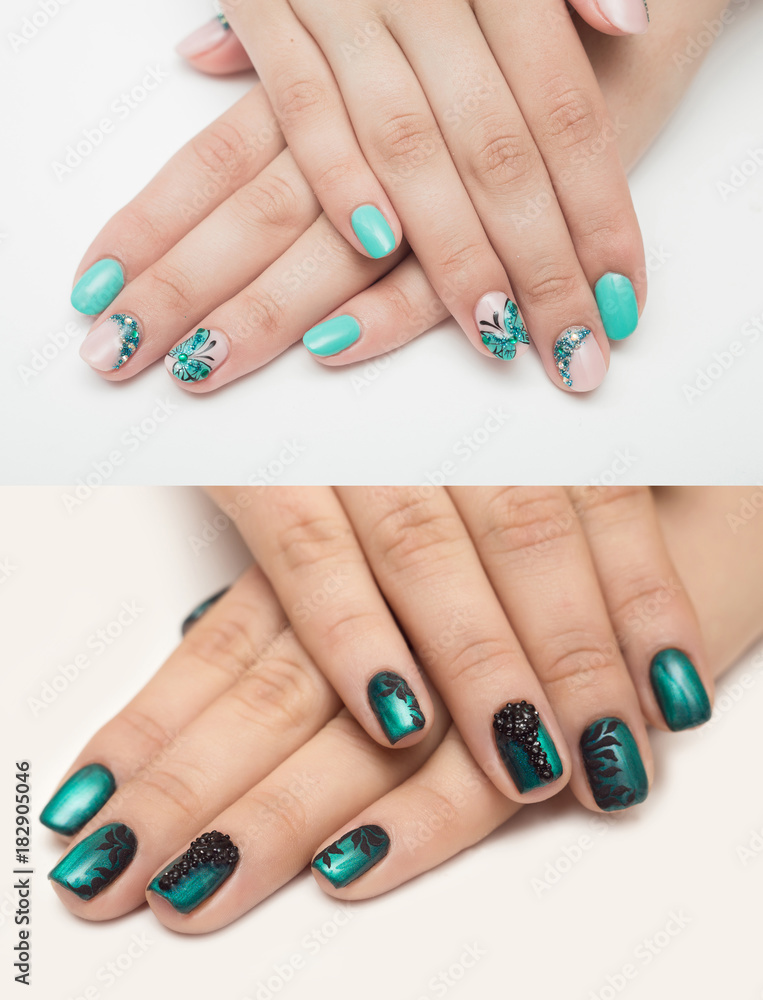 Beautiful nail polish in hand, close-up, green nail art manicure Beautiful nail polish in hand, close-up, green nail art manicure