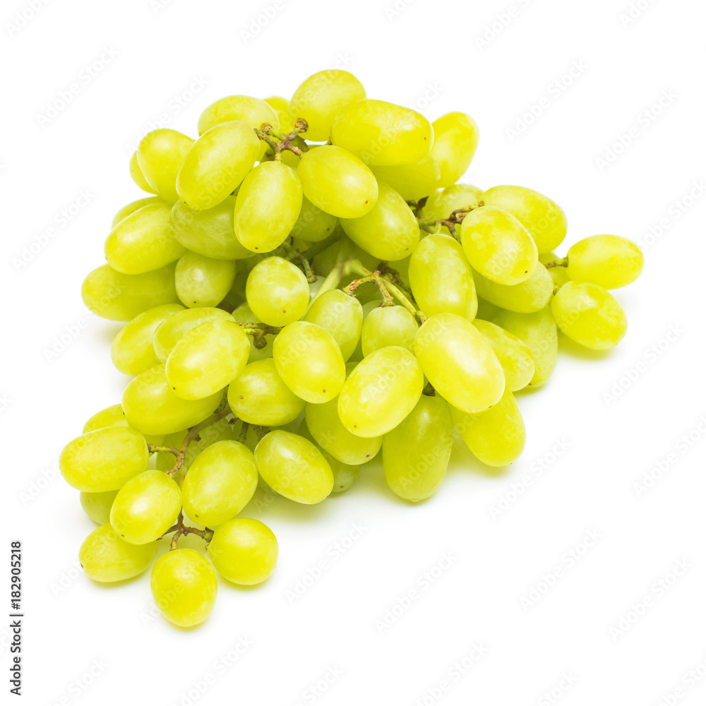 Fresh green grapes branch isolated on white background. Creative concept of fruit, butterfly shape. Flat lay, top view Fresh green grapes branch isolated on white background. Creative concept of fruit, butterfly shape. Flat lay, top view