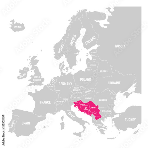 Former Yugoslavia states. Slovenia, Serbia, Croatia, Montenegro, Bosnia and Herzegovina , Kosovo and Macedonia pink highlighted in the political map of Europe. Vector illustration.