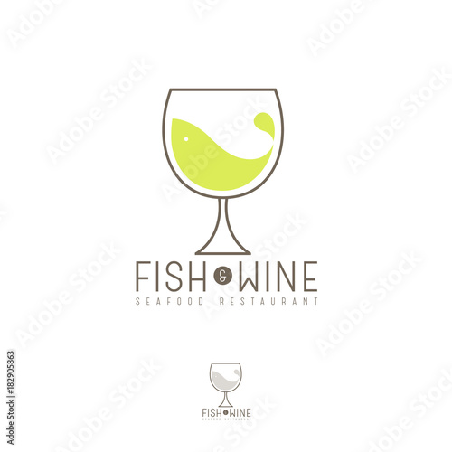 Fish and wine flat logo. Seafood restaurant emblem. A fish and a glass with letters on a white background.
