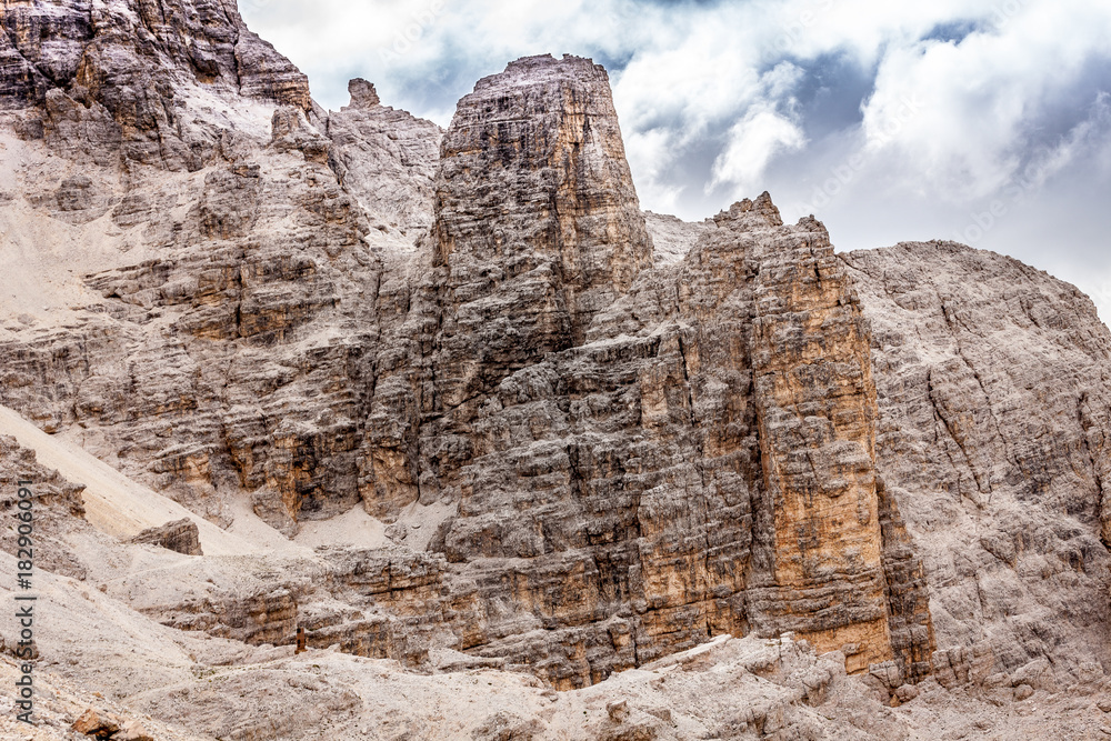 Awesome vertical dolomitic rocks and walls over the General Cantore mounment