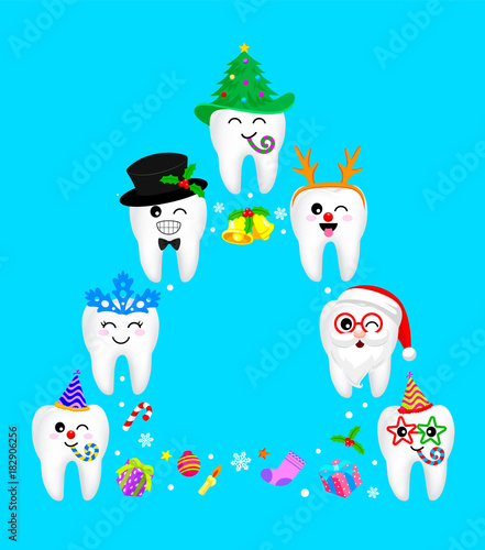 Fancy tooth characters design in Christmas tree shape. Merry Christmas and happy new year concept. Illustration isolated on blue background.