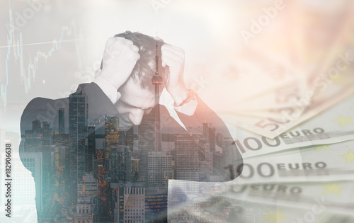 Double exposure of business man in stress over financial issues, pulling his hair in despair. Finance concept