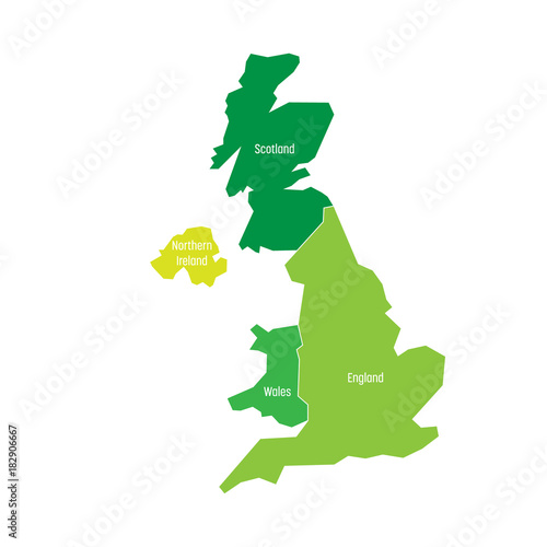 United Kingdom, UK, of Great Britain and Northern Ireland map. Divided to four countries - England, Wales, Scotland and NI. Simple flat vector illustration.
