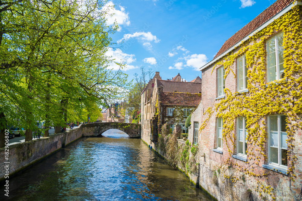 Bruges cityscape with water canal and Meestraat Bridge, Belgium
