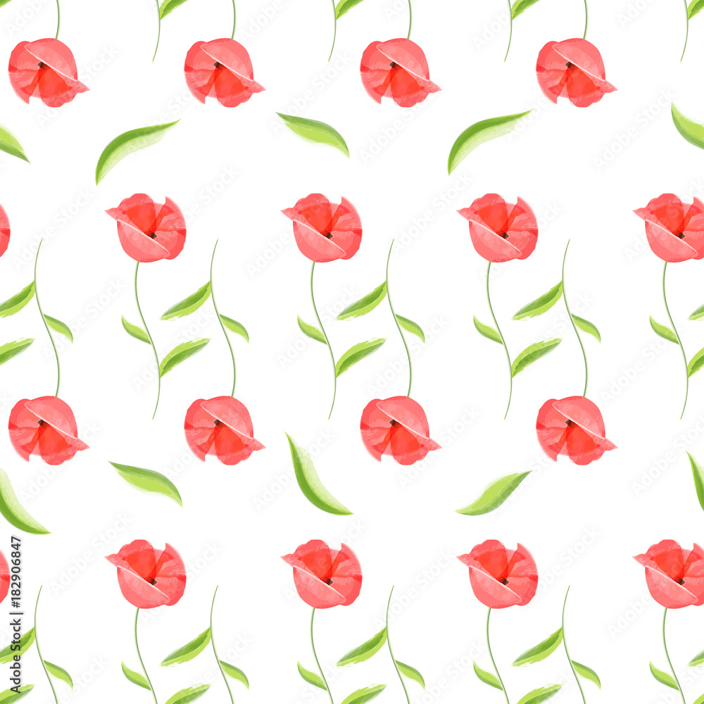 Fresh watercolor red poppy seamless pattern. Flower colored provence wallpaper textiles, bed linen decor. Vintage hand drawn little bloom poppies old floral fashion design.