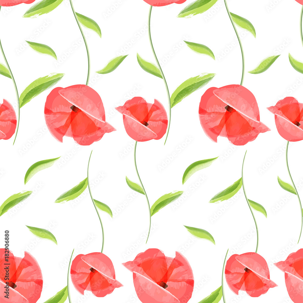 Vintage hand drawn little bloom poppies old floral fashion design. Fresh watercolor red poppy seamless pattern. Flower colored provence wallpaper textiles, bed linen decor.