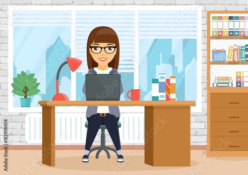 The girl in the office sitting at the table. A young girl is busy working. Business and Finance. In flat style. Cartoon.
